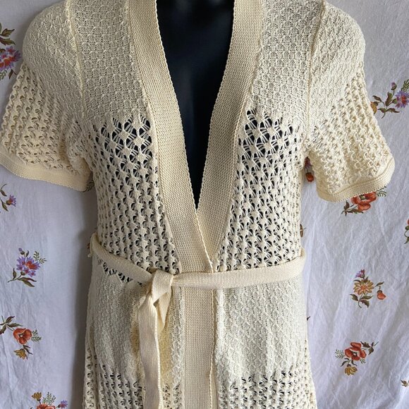 School Teacher Vibes Open Weave Cream Colored Short Sleeve Belted Sweater L - Picture 2 of 8